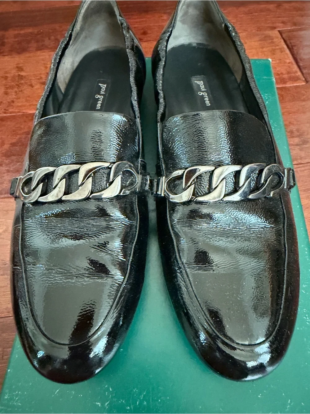 Paul Green Black Patent Leather Chain-Trim Loafers